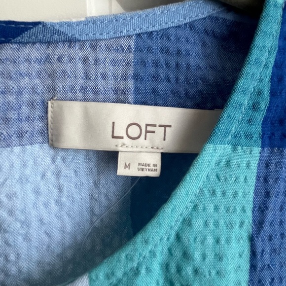 LOFT Plaid Cutout Back Midi Pocket Dress Blue Aqua White Size M. NWT - Picture 4 of 15